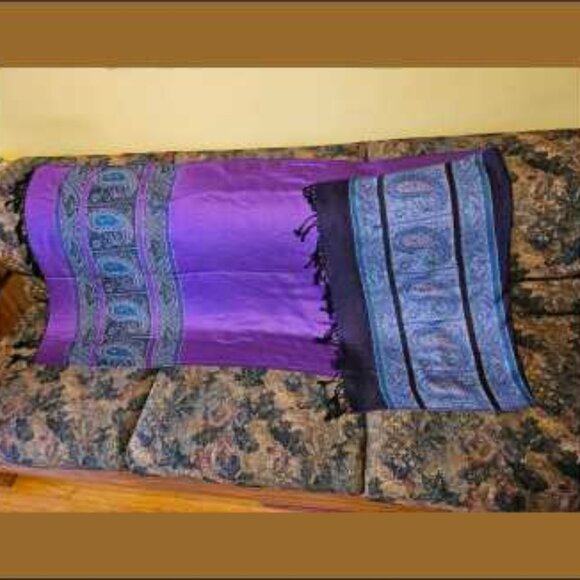 COPY - Purple, dark/medium blues, white, black fringe, cashmere scarf, unisex - Picture 5 of 6